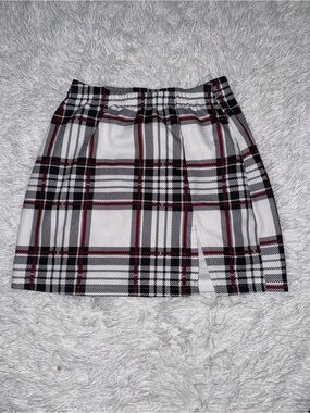 SHEIN White Plaid Mini Skirt with Black & Red Stripes